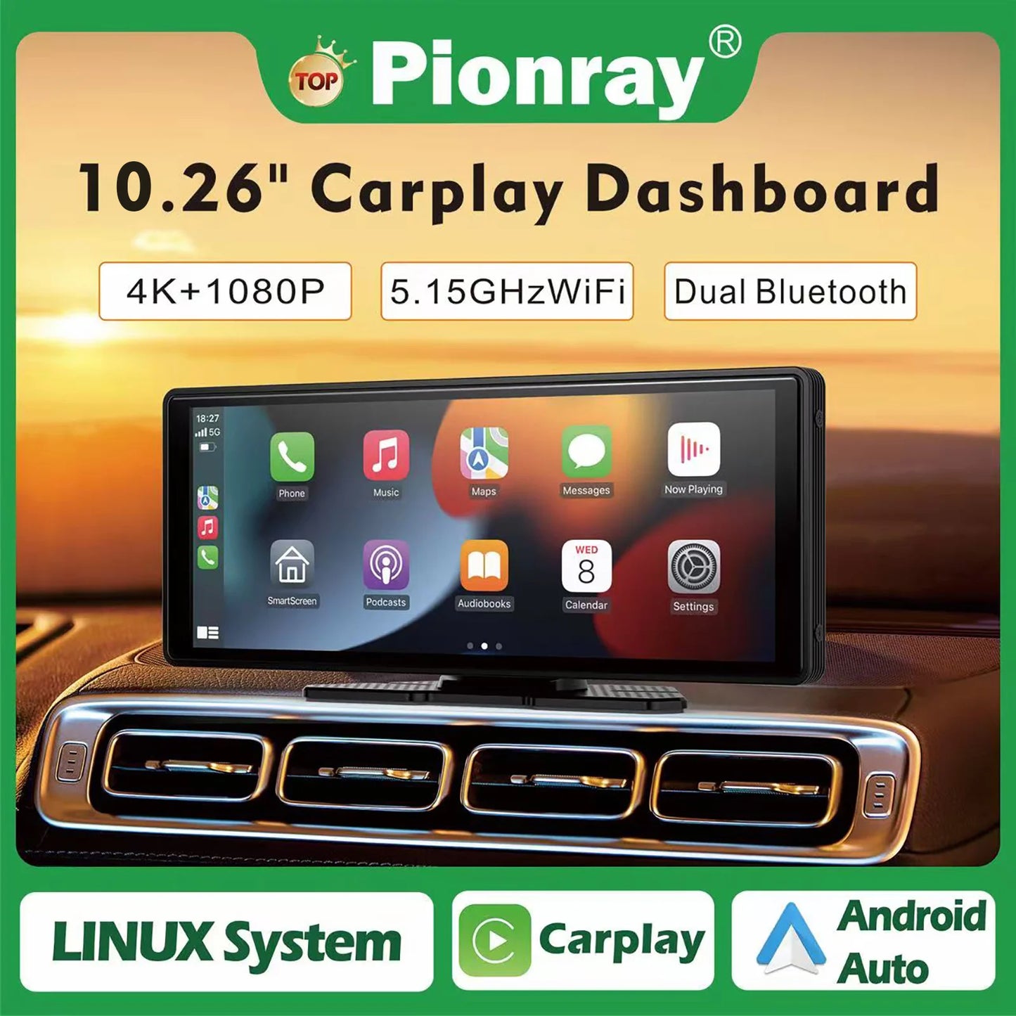 Pionray 10.26 inch Portable 4K Car DVR Wireless Carplay