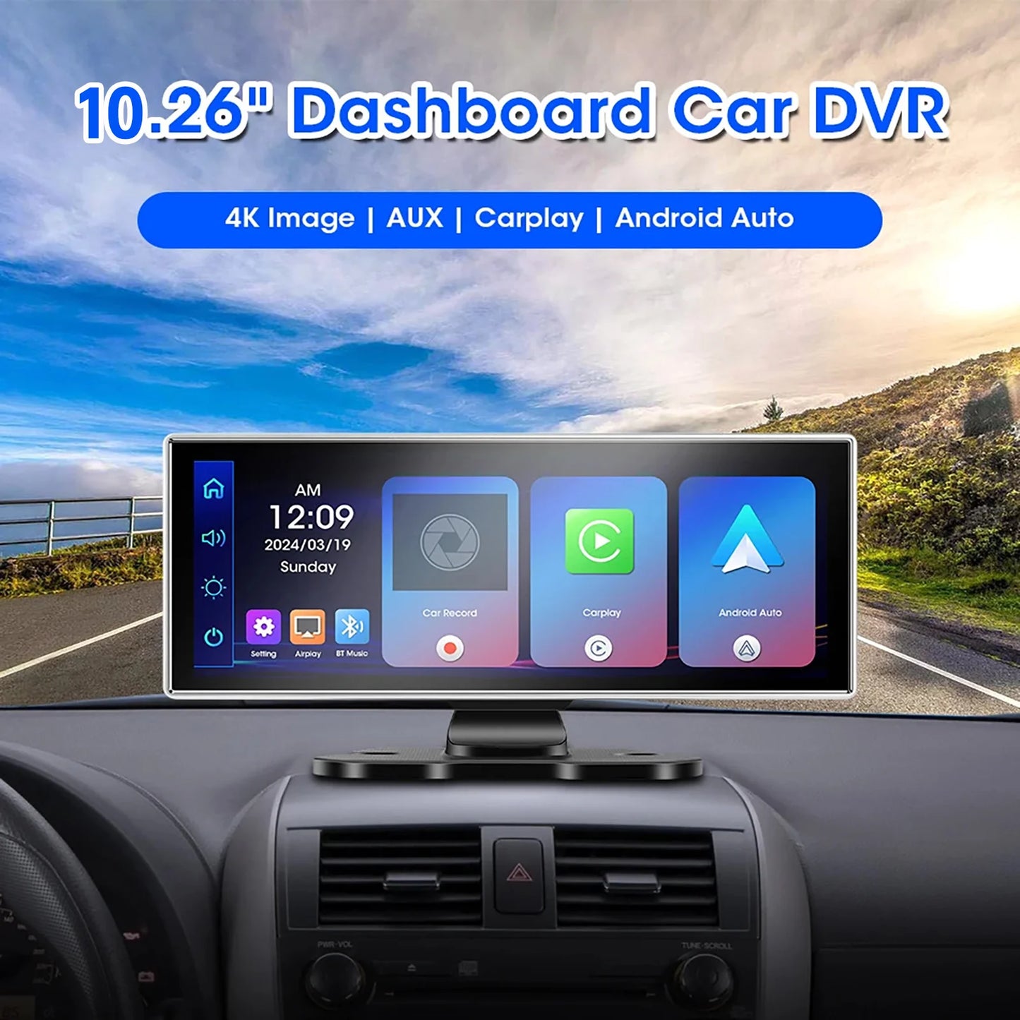 Pionray 10.26 inch Portable 4K Car DVR Wireless Carplay