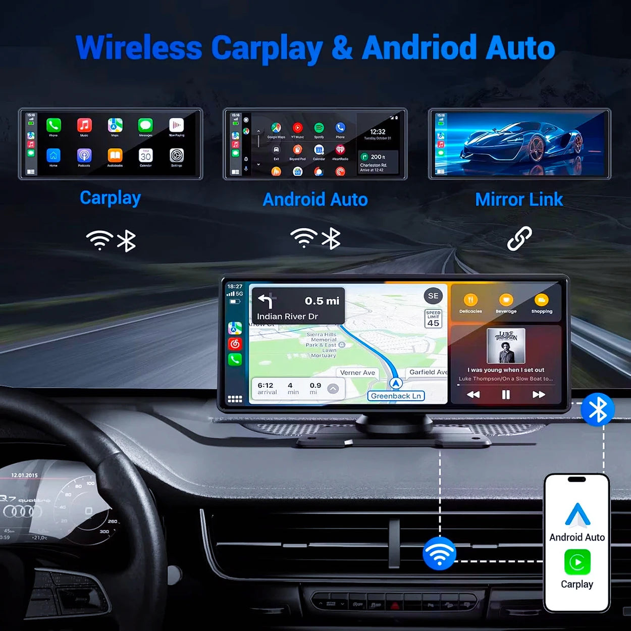 Pionray 10.26 inch Portable 4K Car DVR Wireless Carplay