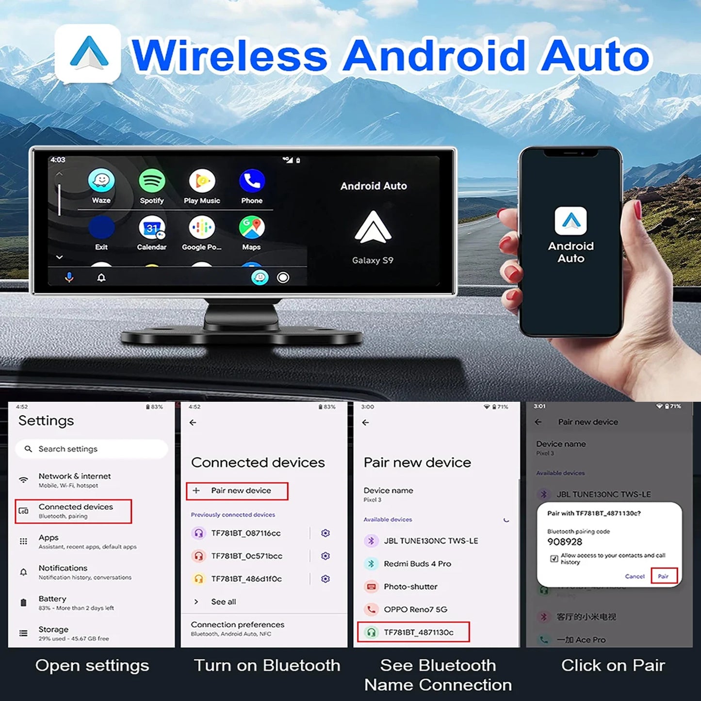 Pionray 10.26 inch Portable 4K Car DVR Wireless Carplay