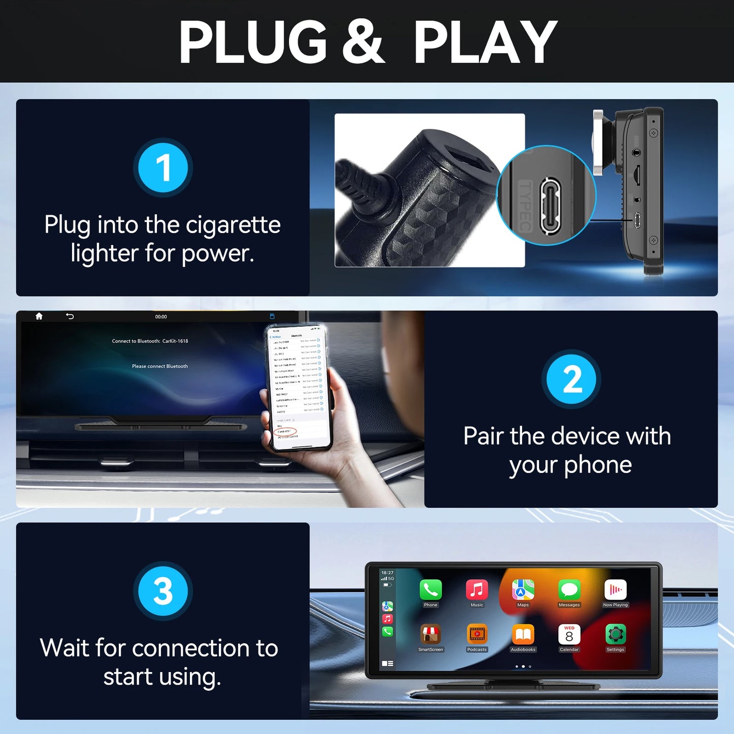 Pionray 10.26 inch Portable 4K Car DVR Wireless Carplay