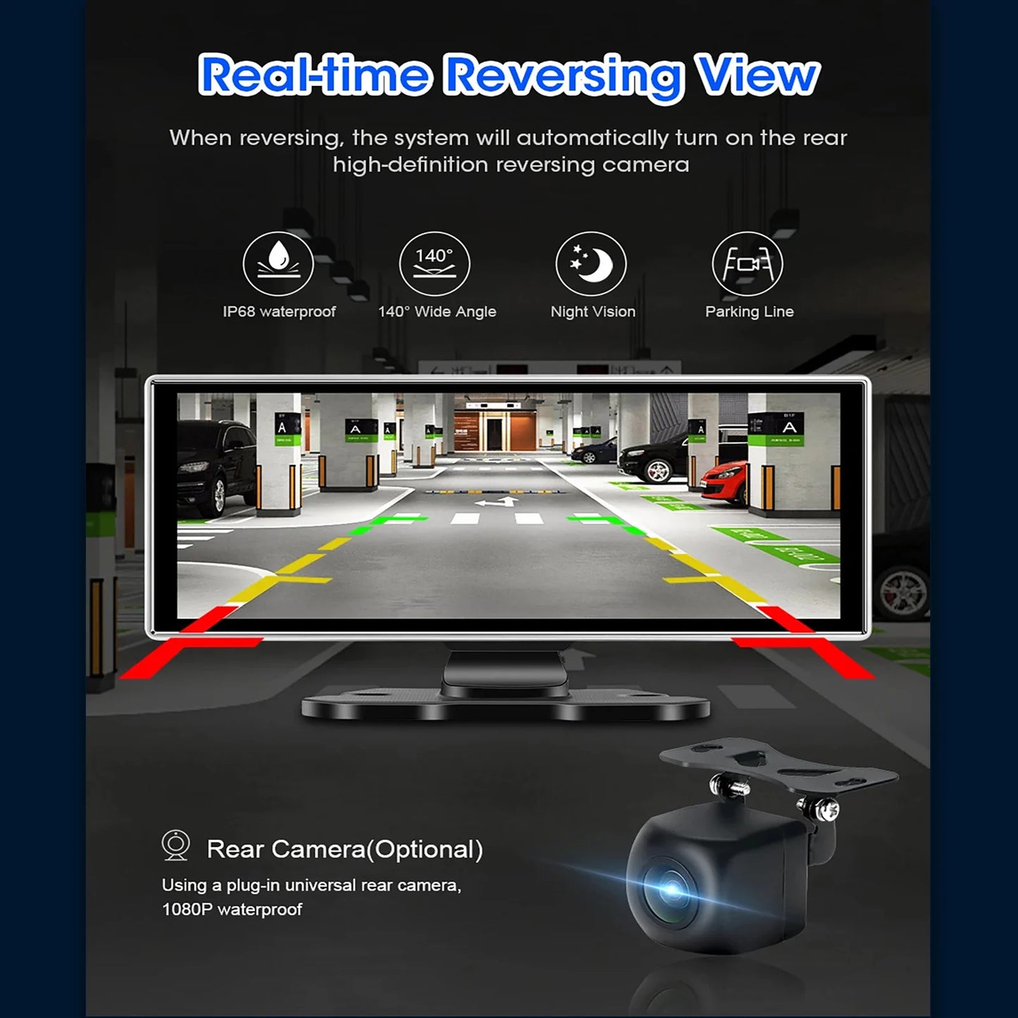Pionray 10.26 inch Portable 4K Car DVR Wireless Carplay
