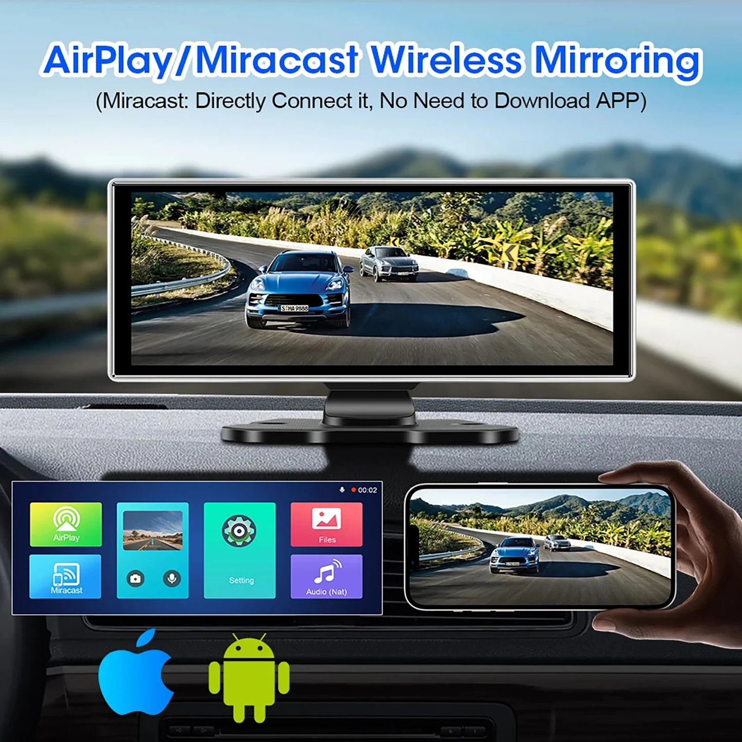 Pionray 10.26 inch Portable 4K Car DVR Wireless Carplay